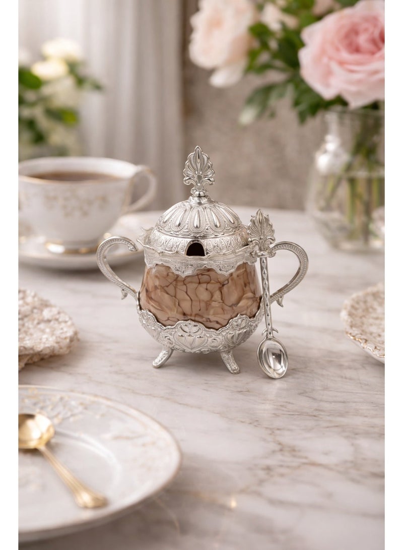 Busem Candy & Sugar Bowl with Silver Handles, Lid and Spoon – Brown Marble Pattern – Made in Türkiye - Image 1